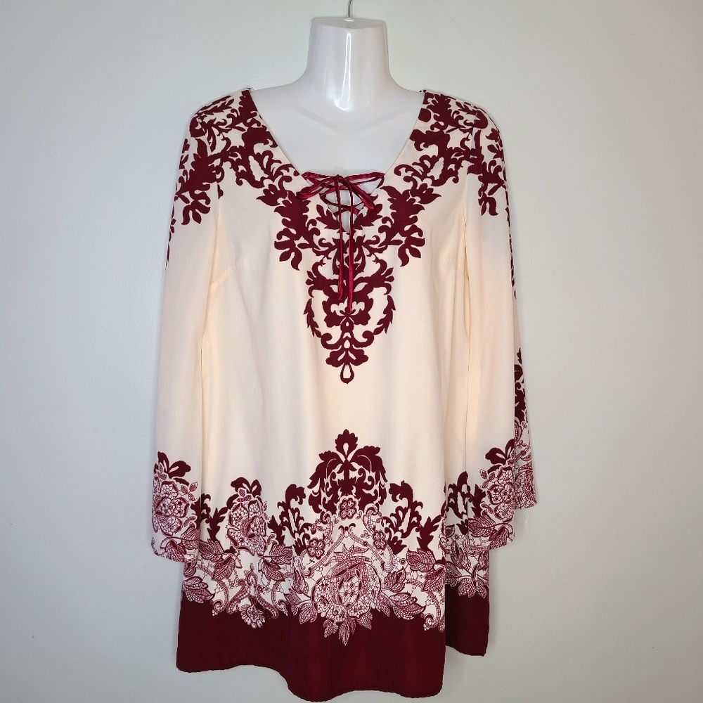 Burgundy And Cream Blouse,Bell sleeves, Scrollwork